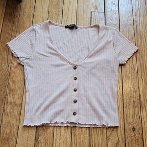 Forever 21 Pink Ribbed Lettuces Edges Crop Button Down